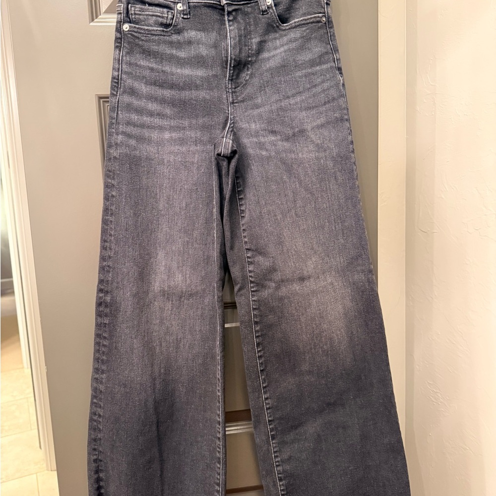 FRAME Le Slim Palazzo High-Rise Wide Leg Raw Hem Jeans in Starship (Faded Black)